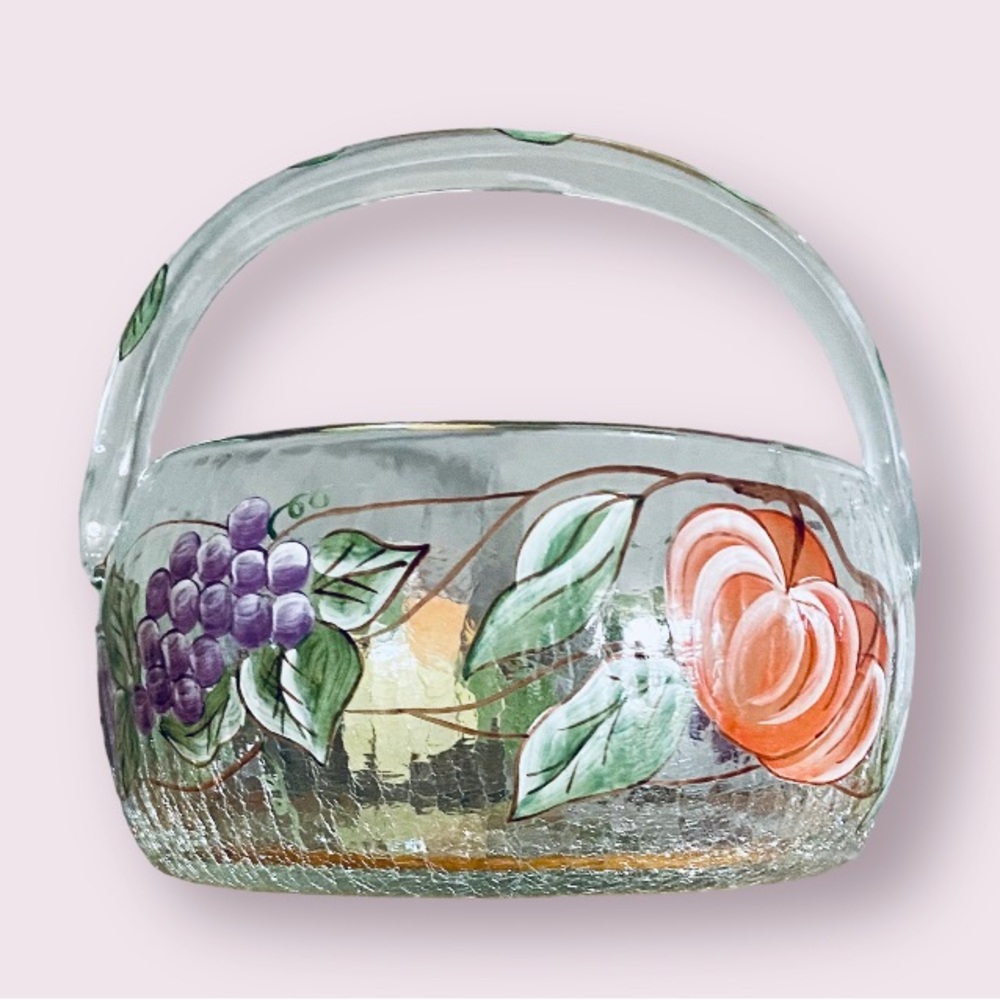 Vintage Hand Blown Glass Bowl with Handle & Hand Painted Fruit